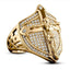 Golden 18K cross ring with shield design featuring artificial gem accents
