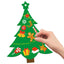 Cartoon Christmas tree greeting cards with golden ribbons on wooden table