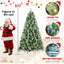 Pre-lit PVC Christmas tree with warm white LED lights and pine cones in a cozy living room setting