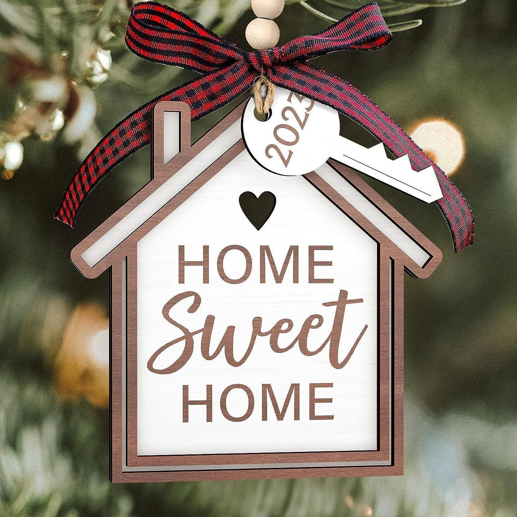 Detailed view of wooden house pendant capturing warm holiday ambiance