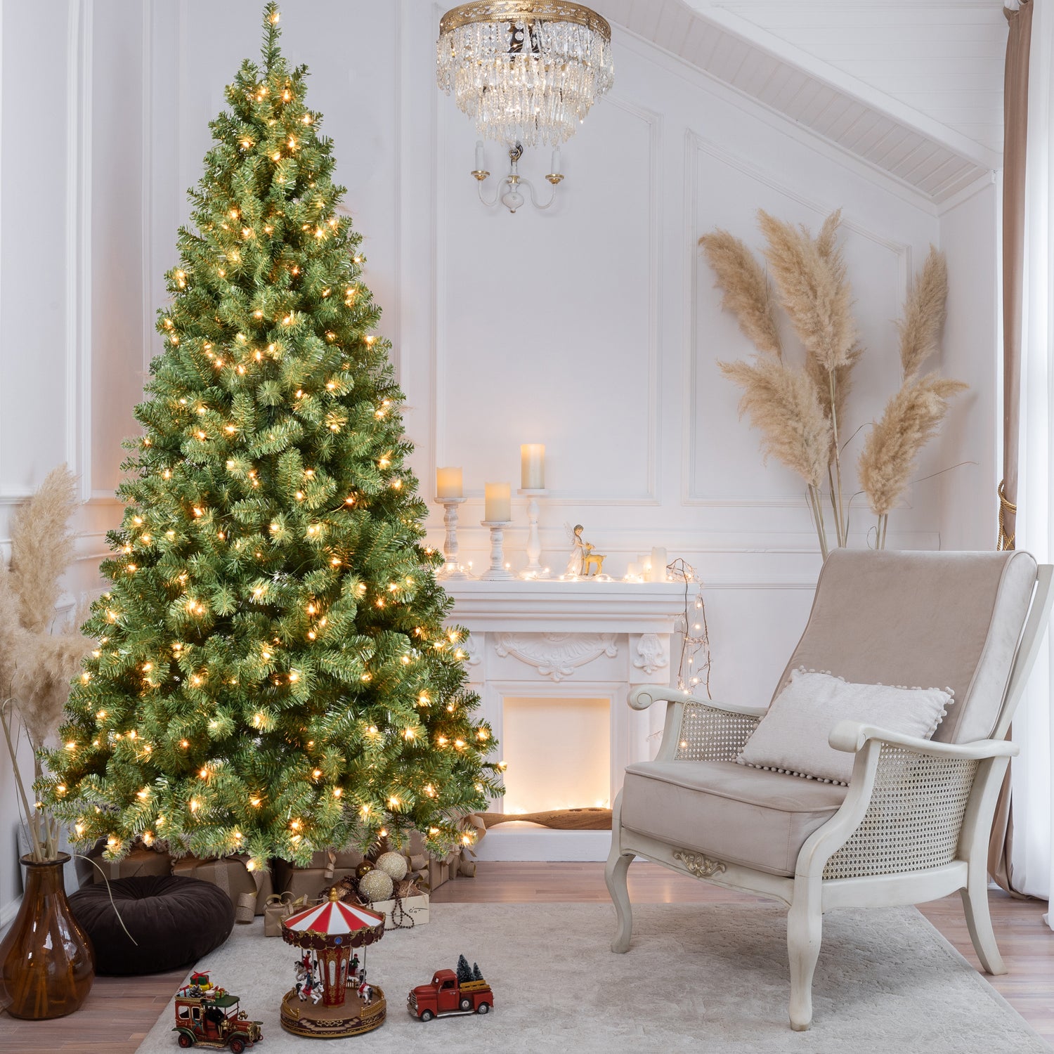 Close-up of green Christmas tree foliage and prelit branches