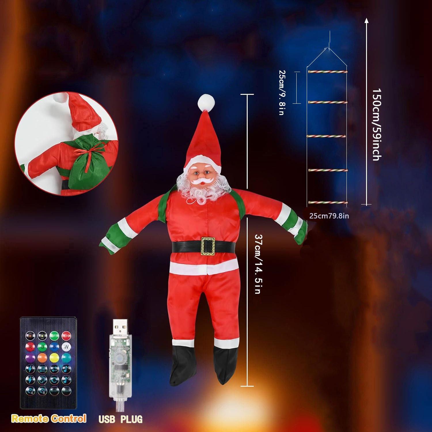 Santa Claus on ladder Christmas decoration with twinkling lights Main image