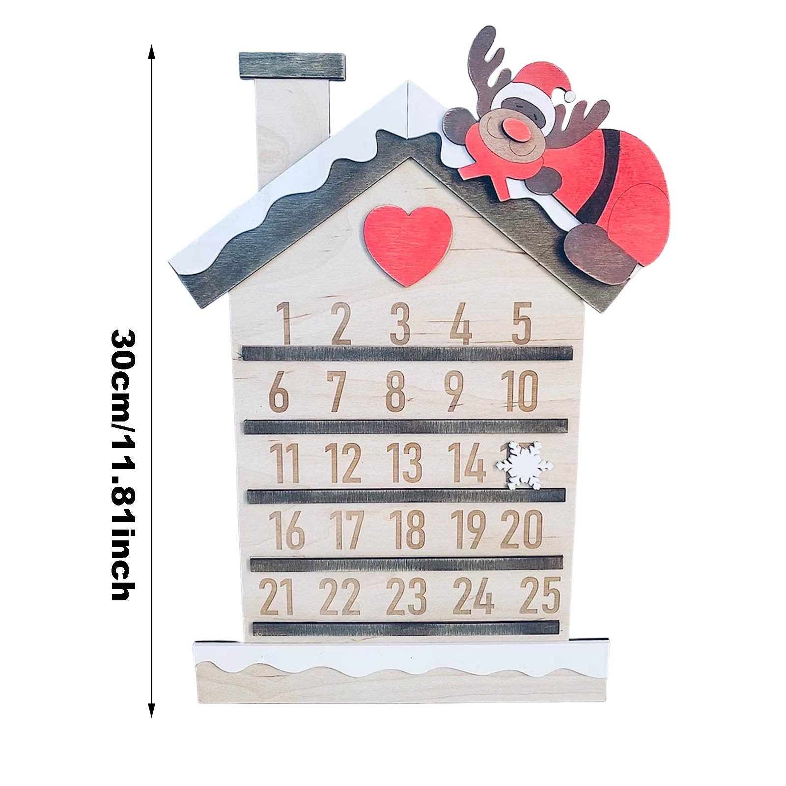 Wooden Advent countdown ornament hanging against rustic background