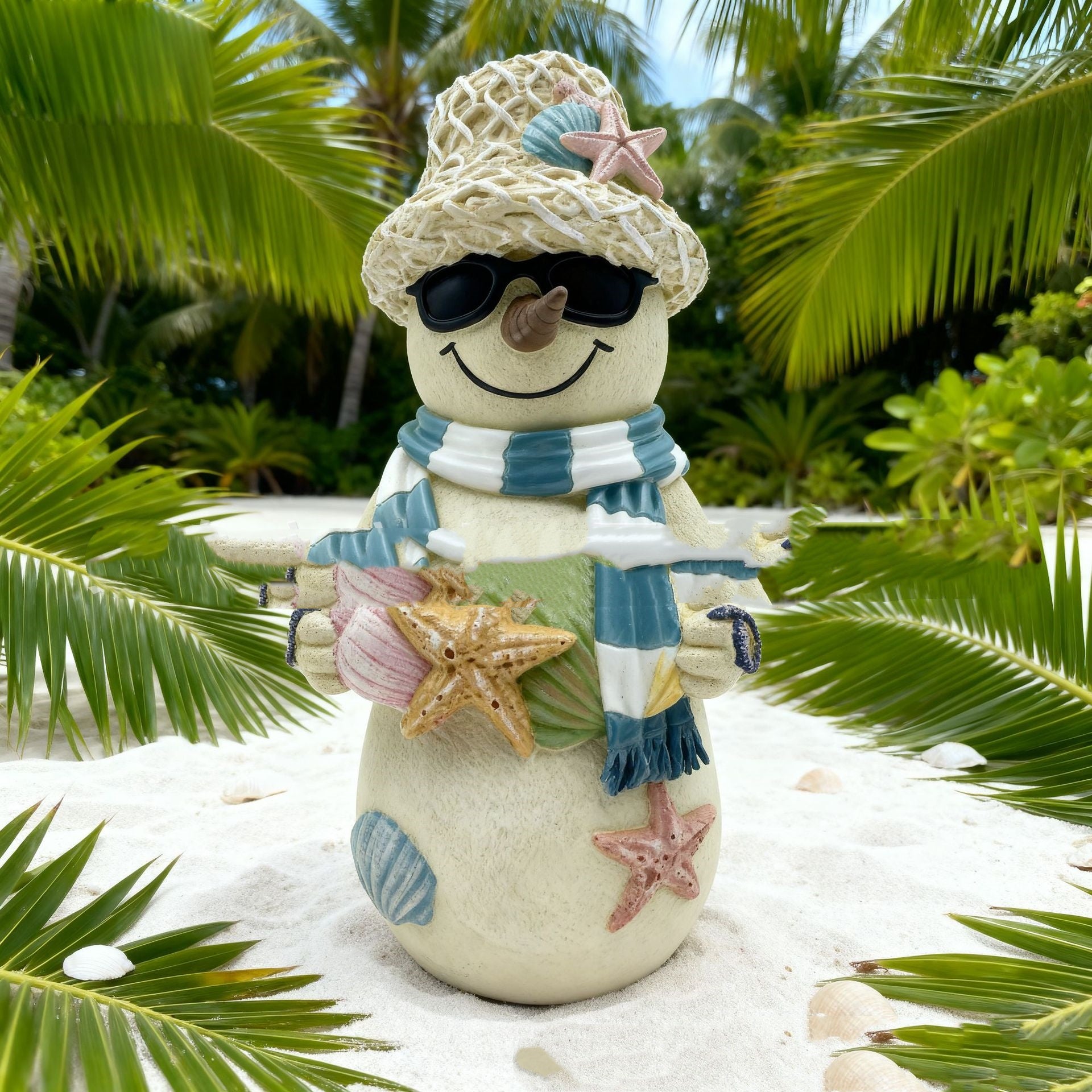 Resin beach snowman Christmas decoration showcasing coastal holiday charm