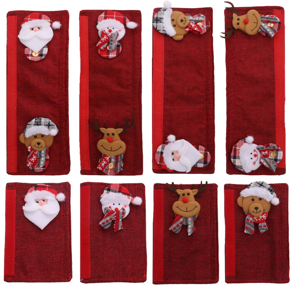 Close-up of flannelette Santa-style Christmas handle cover with festive design