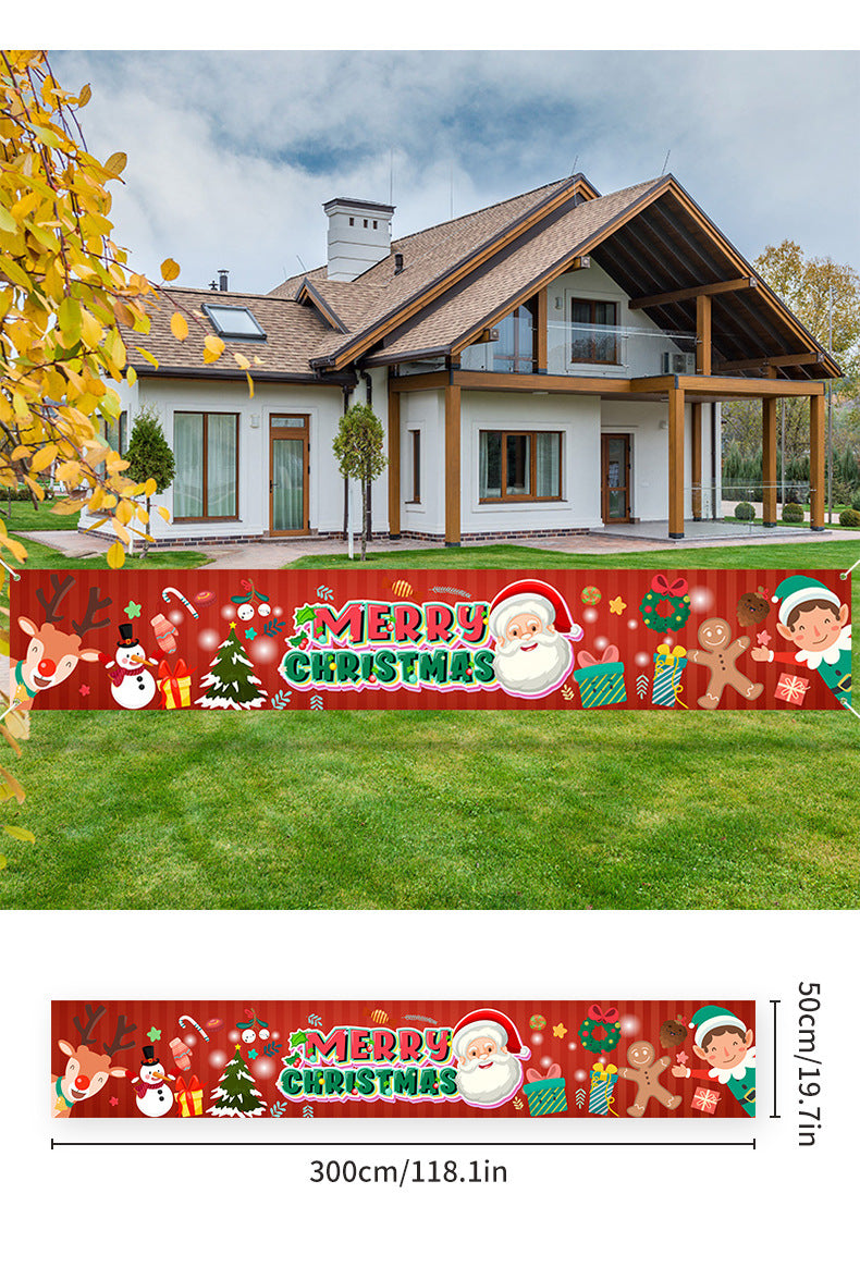 Christmas celebration banner hanging in home entryway with warm festive ambiance