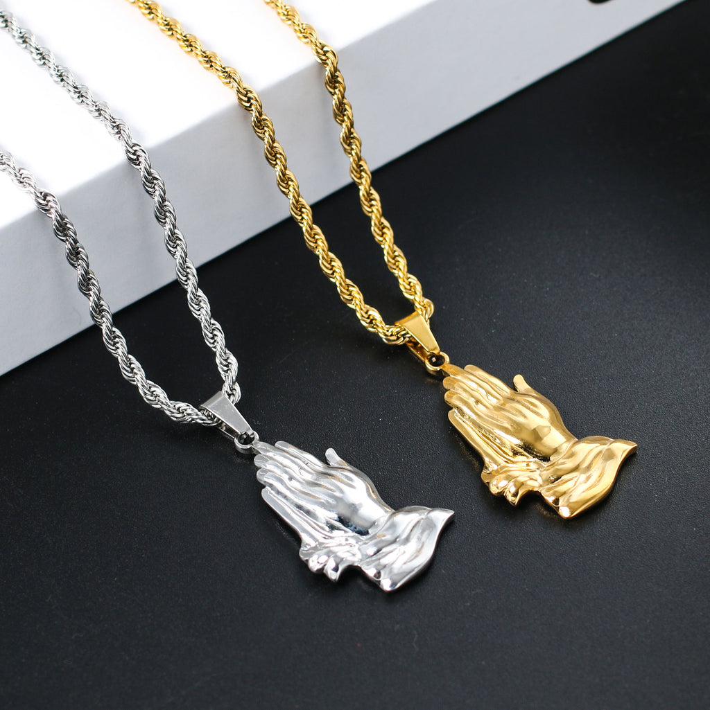 Large hemp flowers chain necklace with Jesus praying hands pendant in silver finish