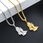 Large hemp flowers chain necklace with Jesus praying hands pendant in silver finish