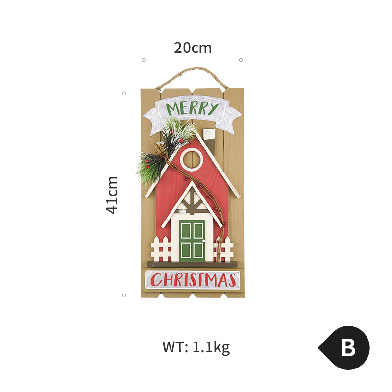 Cozy Christmas scene with wooden house ornament among evergreen branches