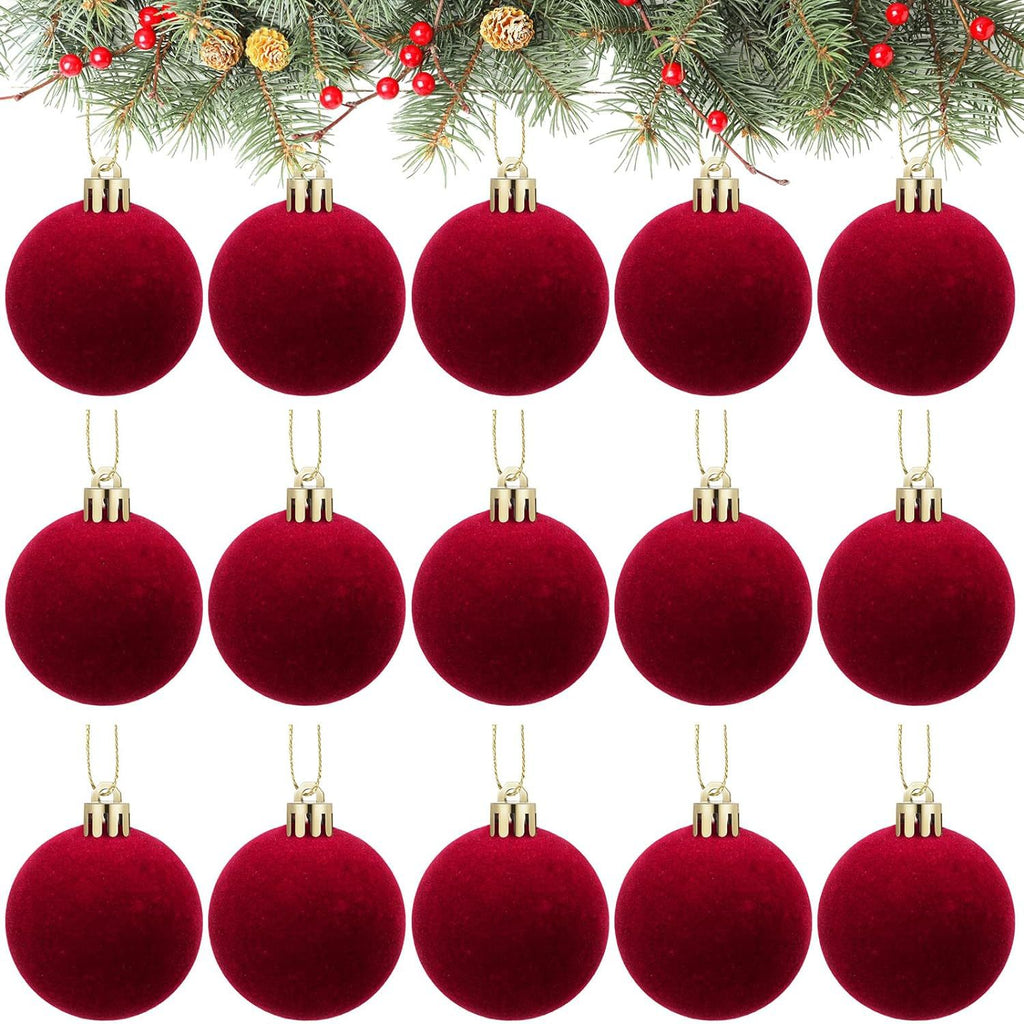 Set of festive plucked silk ball ornaments with holiday Christmas tree backdrop