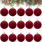 Set of festive plucked silk ball ornaments with holiday Christmas tree backdrop