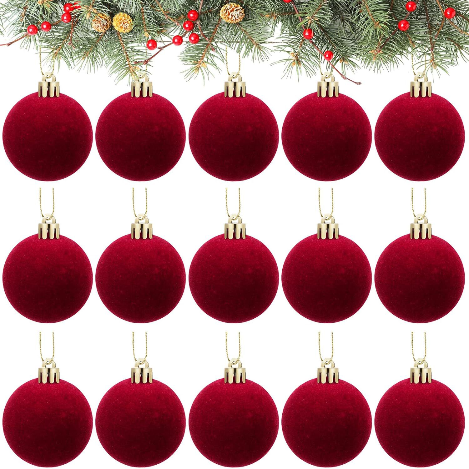 Set of festive plucked silk ball ornaments with holiday Christmas tree backdrop