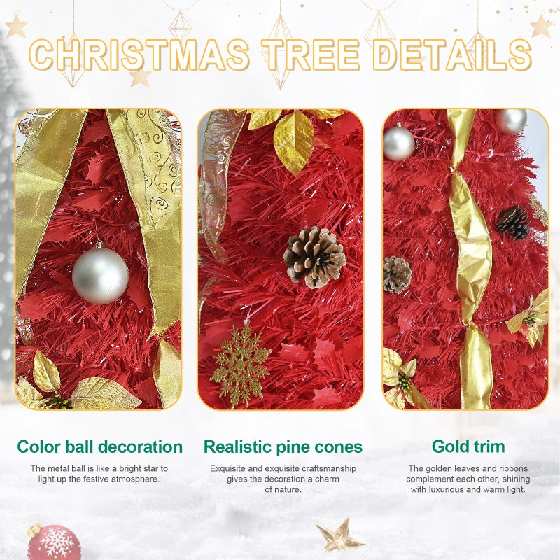 Christmas flowers and snowflakes adorning the tree branches