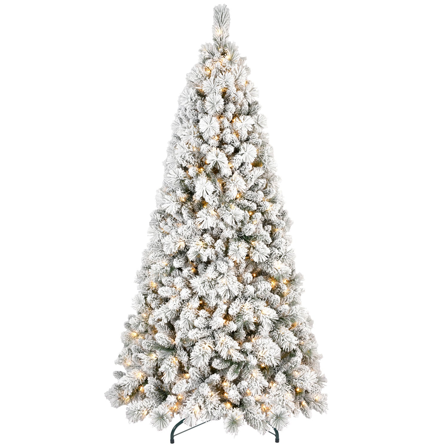 Small flocked Christmas tree on table with warm white LED lighting
