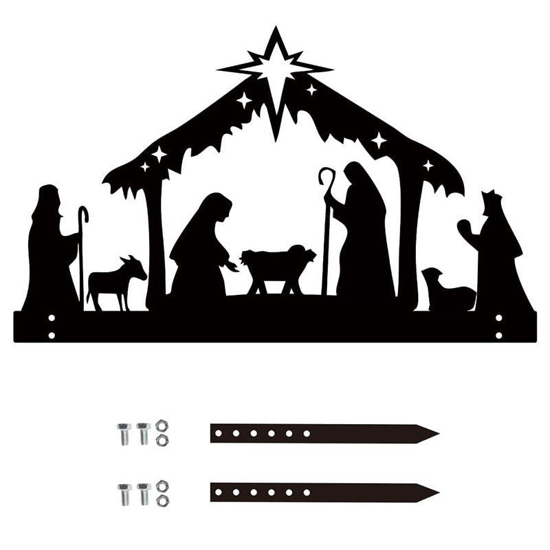 Black iron silhouette nativity scene with the birth of Jesus for Christmas wall decor