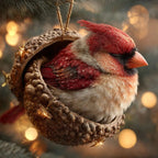 Red bird and squirrel holiday ornaments together on a tree