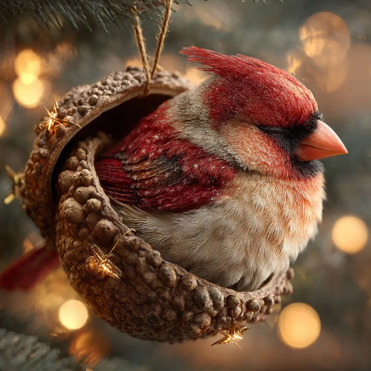 Red bird and squirrel holiday ornaments together on a tree