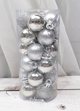 Set of Christmas ornament balls in multiple colors including silver and blue