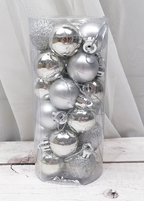 Set of Christmas ornament balls in multiple colors including silver and blue