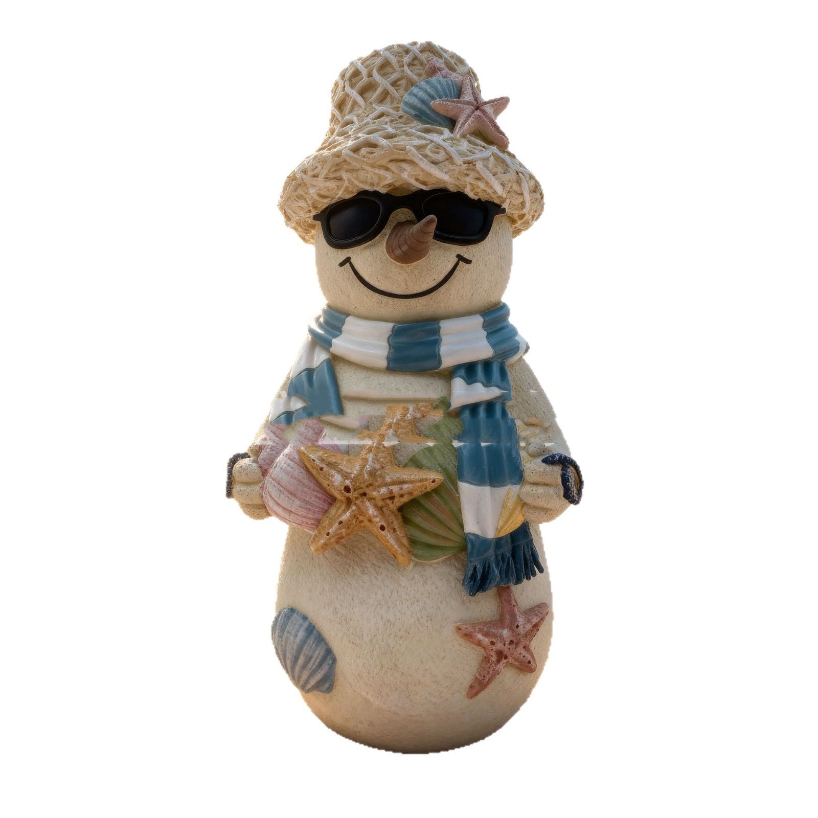Close-up of hand-painted beach snowman resin ornament for Christmas tree