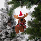 Reindeer-shaped Christmas ornament set displayed against festive background