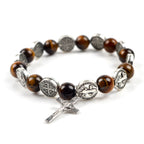 Tiger eye rosary bracelet with Saint Benedict medal cross for prayer and daily faith inspiration