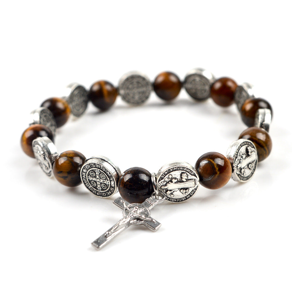 Tiger eye rosary bracelet with Saint Benedict medal cross for prayer and daily faith inspiration