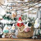 Festive pompom doll Christmas tree ornament in red velvet with wood accents
