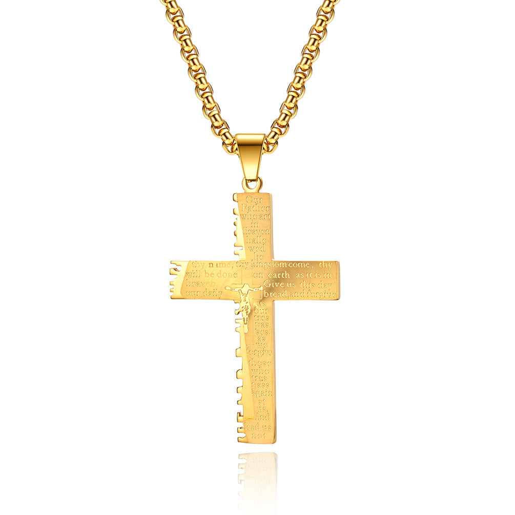 Chain and pendant connection detail on men's cross necklace