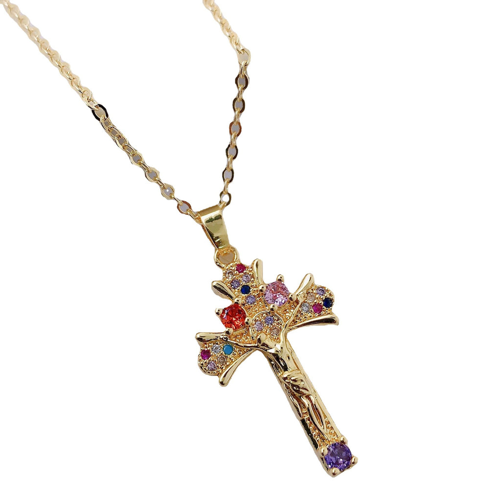 Vintage copper cross necklace with electroplated finish on adjustable chain