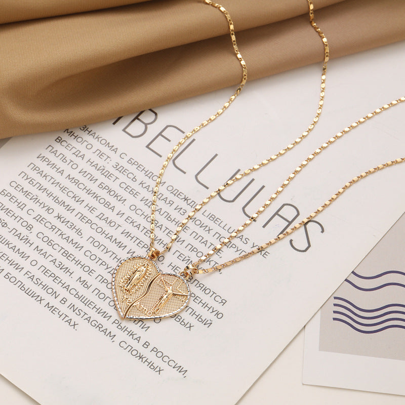 Close-up view of gold electroplated pendant with religious pattern