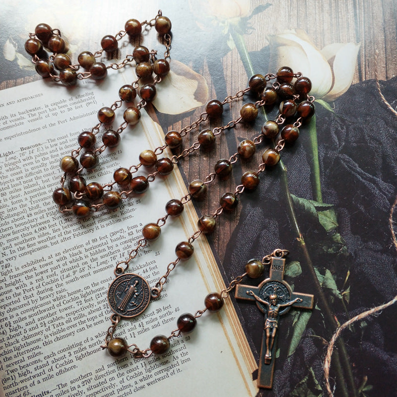 Vintage style imitation agate benedict cross necklace for catholic faith