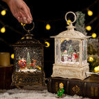 Christmas decorative music box with swirling snow scene and warm lighting
