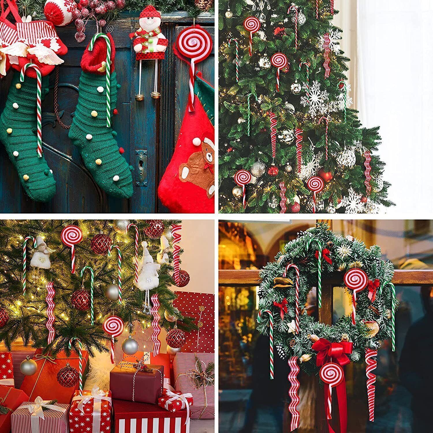 Colorful acrylic crutch candy pendant among Christmas tree decorations, faith ornament