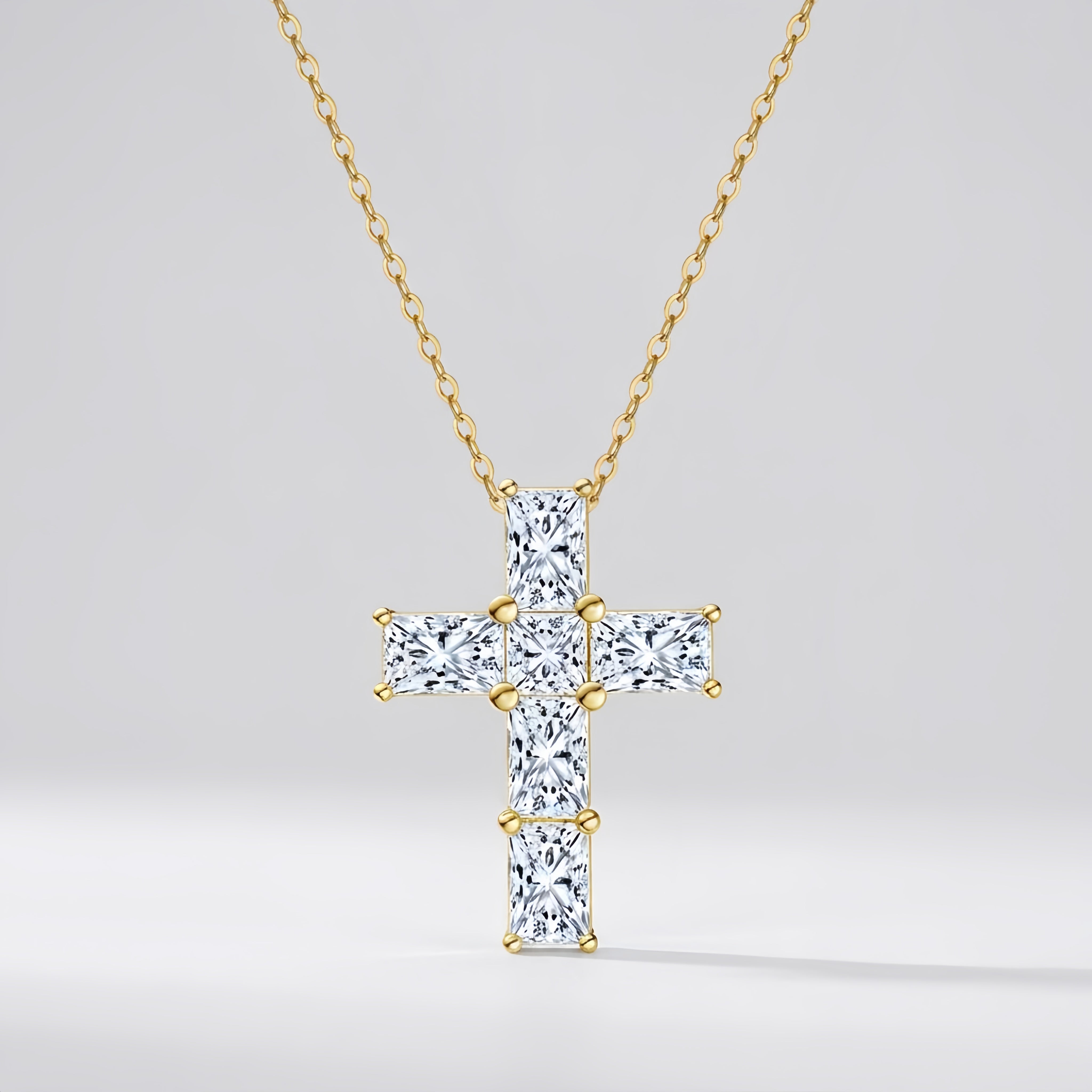 Elegant 925 sterling silver necklace with sparkling CZ cross pendant on adjustable gold chain, faith jewelry Main image