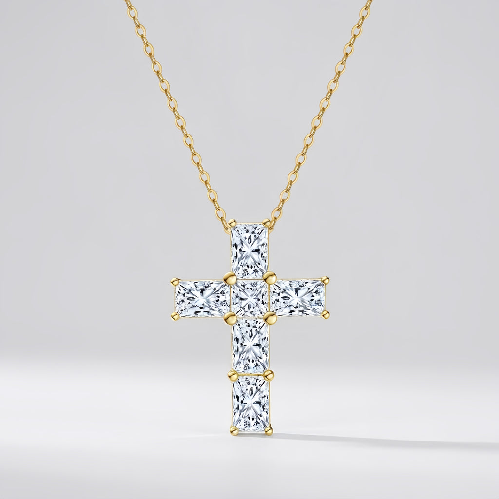 Elegant 925 sterling silver necklace with sparkling CZ cross pendant on adjustable gold chain, faith jewelry