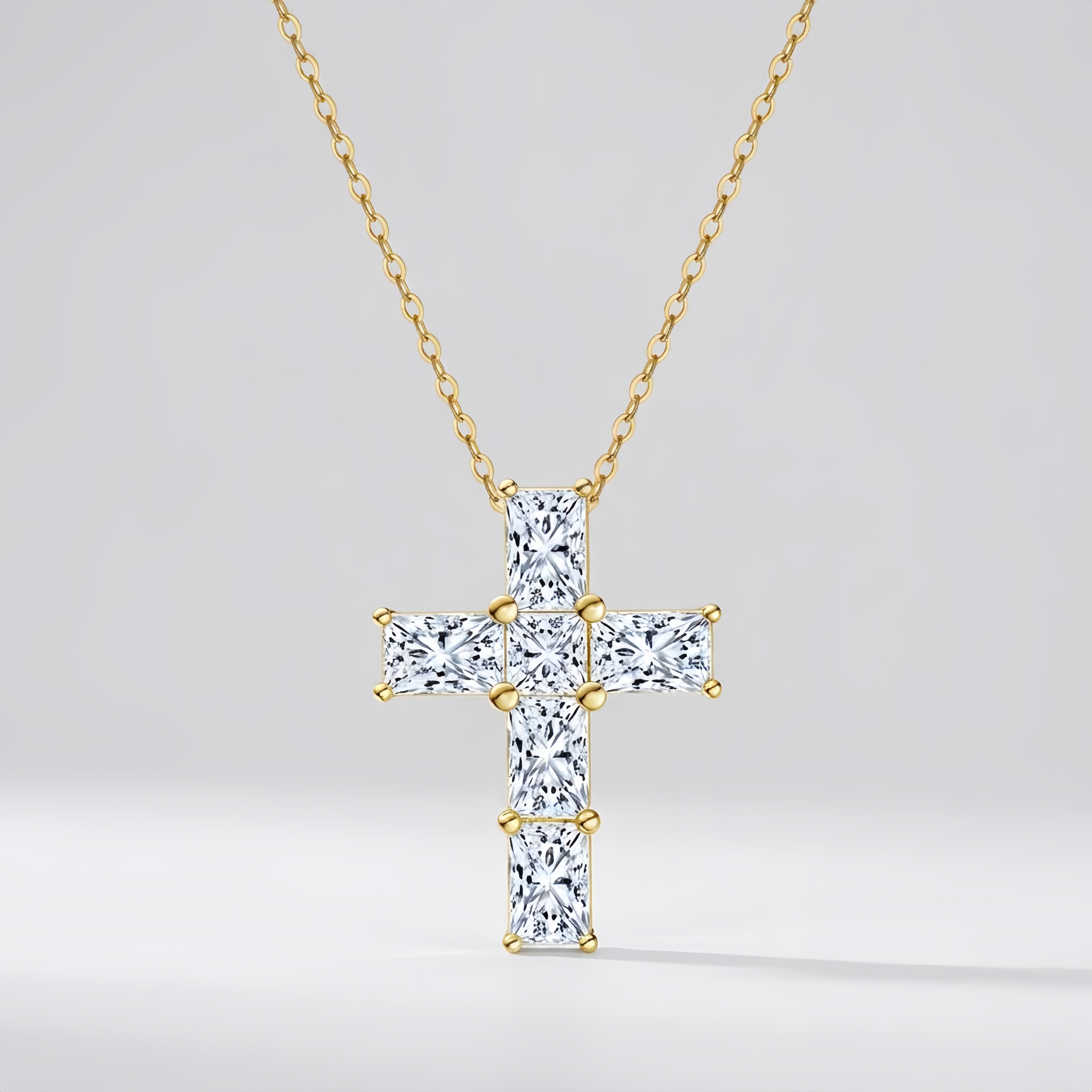 Elegant 925 sterling silver necklace with sparkling CZ cross pendant on adjustable gold chain, faith jewelry