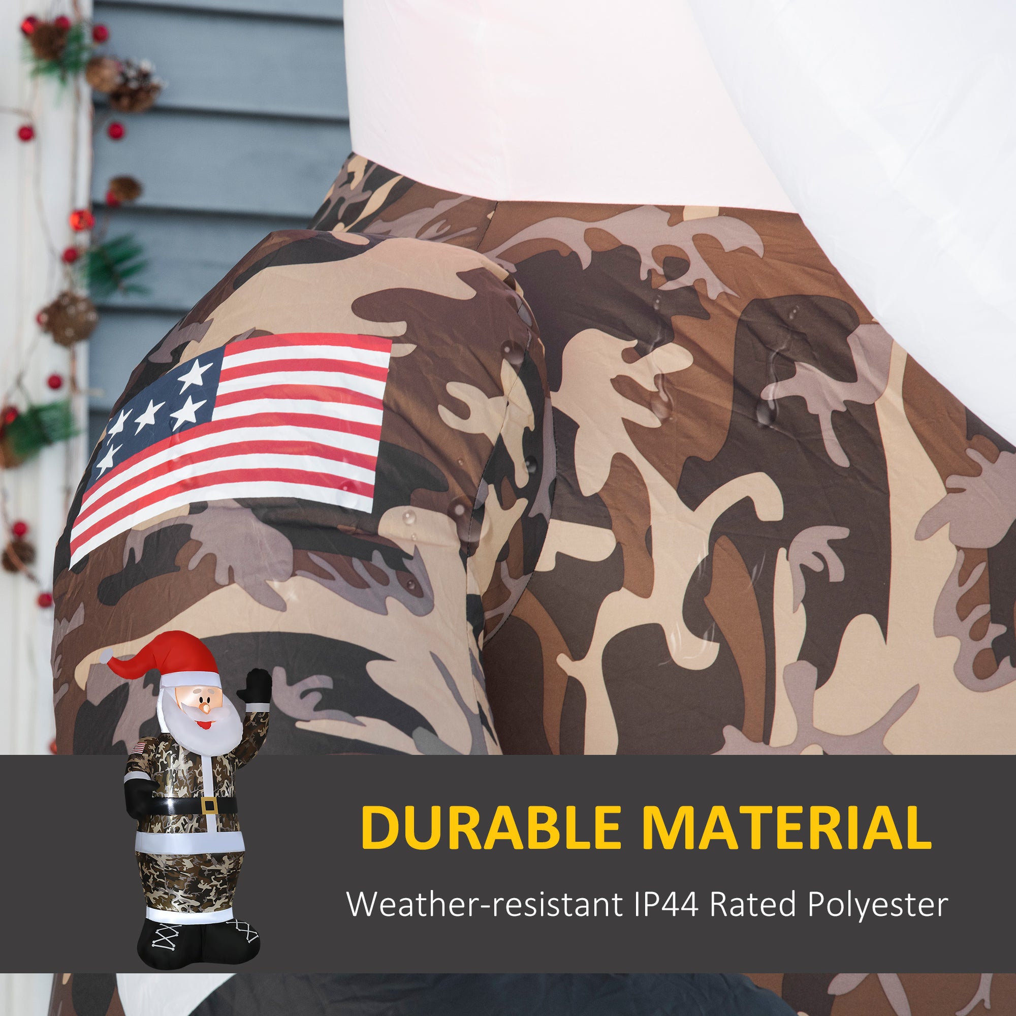 Festive eight-foot Christmas inflatable featuring warm white LED lights illuminating a camo Santa for outdoor display