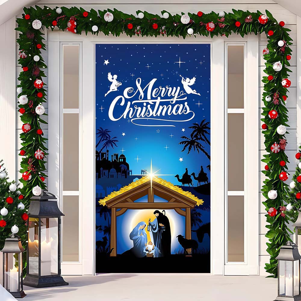 Rectangular holiday curtain showing modern geometric design for Christmas season