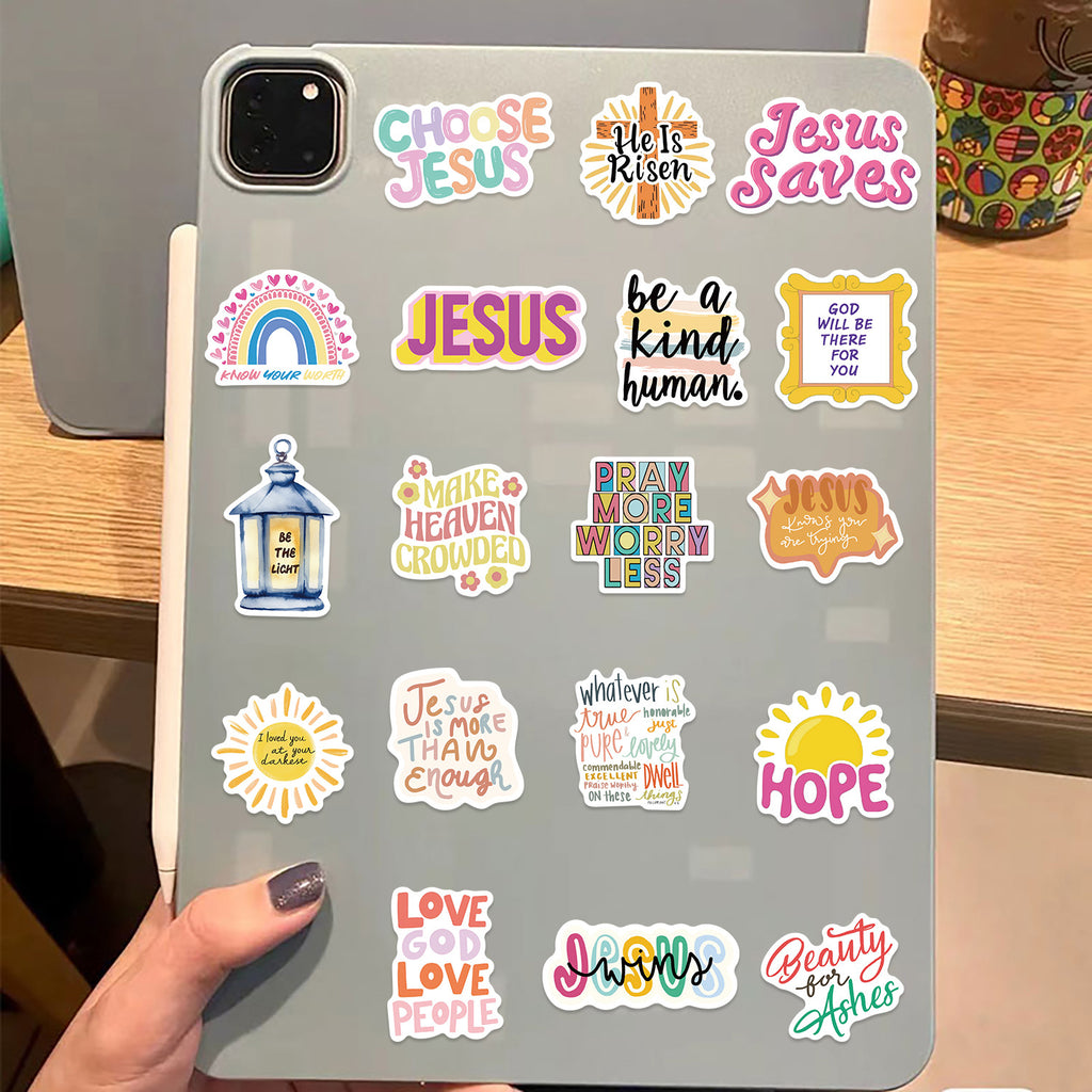 Set of 50 PVC Christian stickers featuring cute Jesus-themed designs for laptop decoration and journaling