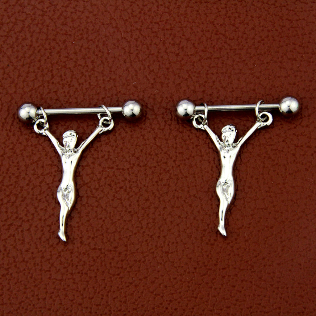 Body jewelry nipple ring with religious Christian symbol