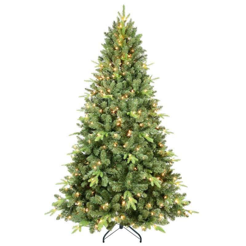 Close-up of green Christmas tree branches showing 636 tips and festive lighting