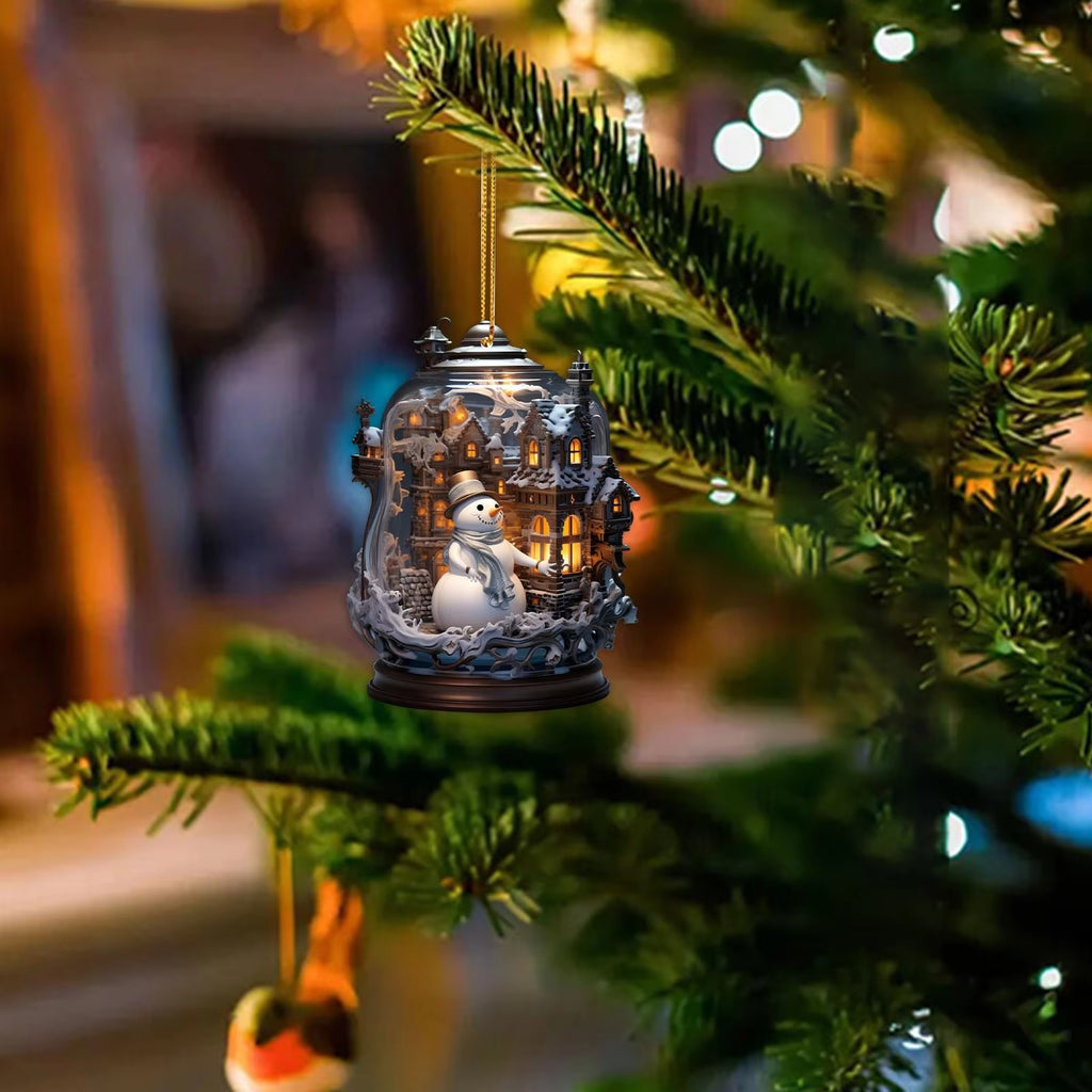Close-up of decorative acrylic snowman pendant with clean modern aesthetic
