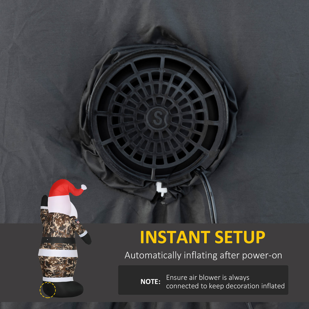 Complete package includes eight-foot camo Santa inflatable, fan, tether ropes, ground stakes, and sandbags
