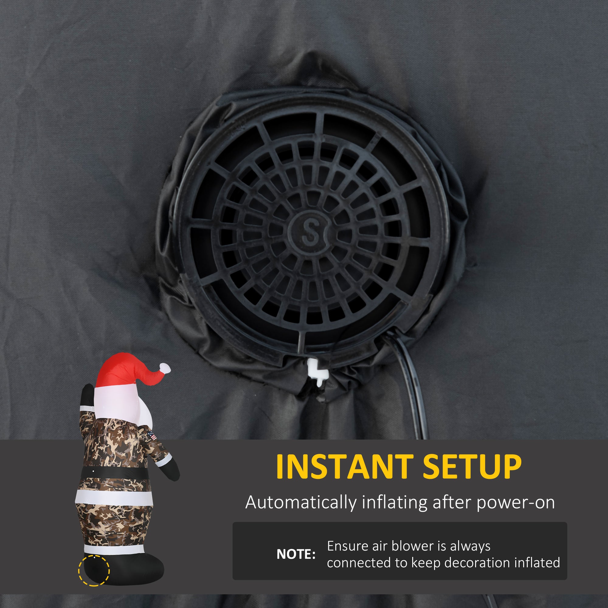 Complete package includes eight-foot camo Santa inflatable, fan, tether ropes, ground stakes, and sandbags