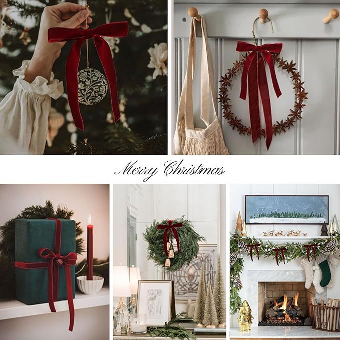 Red velvet Christmas tree pendant with bow accent for holiday decor Main image