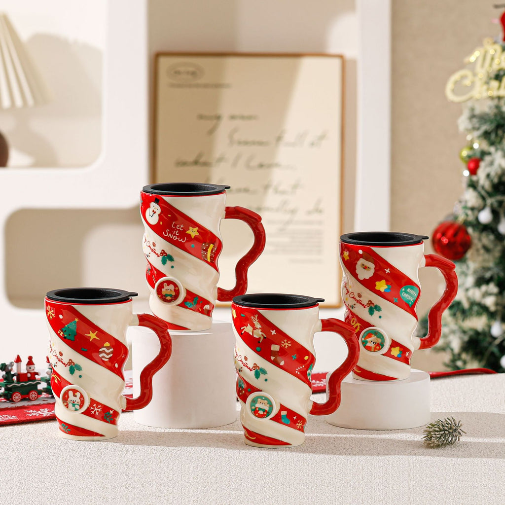 Ceramic mugs displayed in a festive kitchen setting for gifting