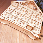 Wooden Christmas calendar displaying carved detailing and festive holiday design