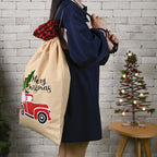 Vintage forest old man car motif on linen Christmas gift bag for holiday gifting