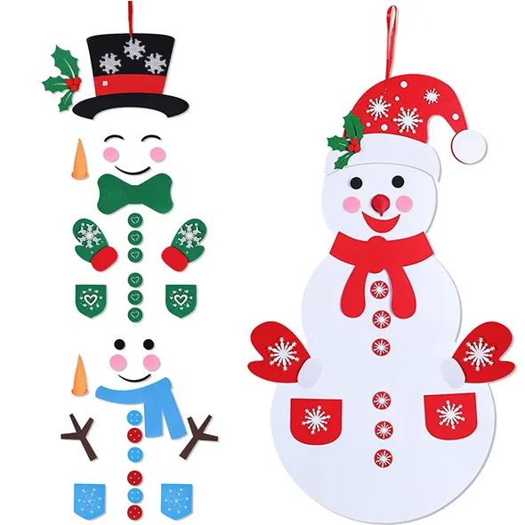 Felt snowman decoration pieces spread out on table for DIY crafting Main image